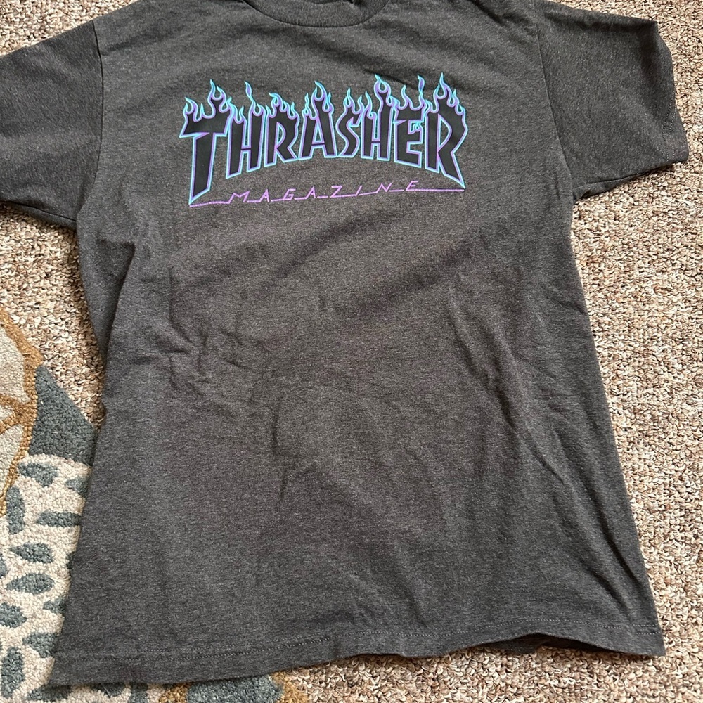 Thrasher grey Tee with Blue Flame Logo